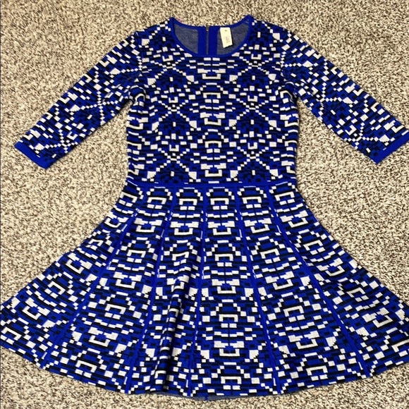 Rumere 100% Wool Blue and White Fit and Flare Dress with 3/4 Sleeves - Picture 6 of 9